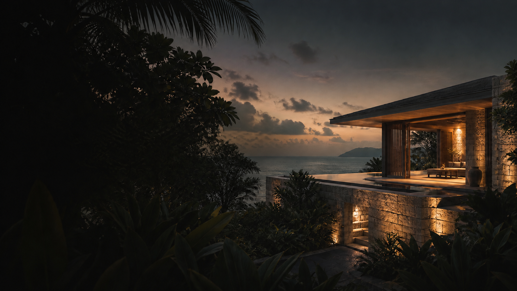 Tropical Sha Koon Prime villa overlooking the ocean at dusk